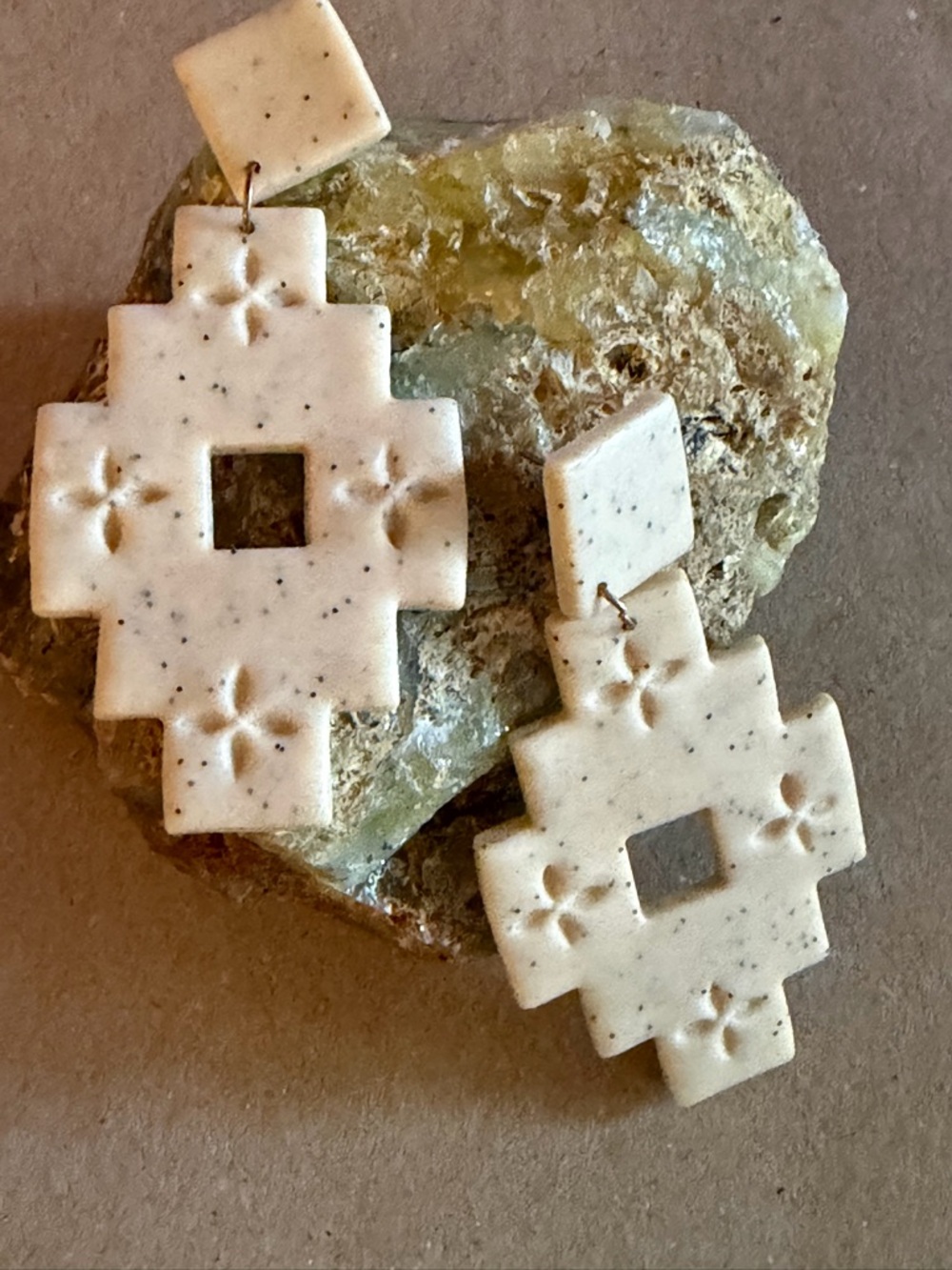 Handcrafted Geometric Southwestern Drop Earrings in Speckled Cream